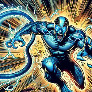 Dynamic Comic-Style Illustration of Blue Skinned Teleporting Figure
