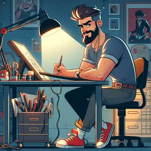 Caucasian Male Cartoonist at Drawing Table | Artistic Workspace