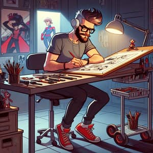 Caucasian Male Cartoonist at Drawing Table with Quiff Hair Style