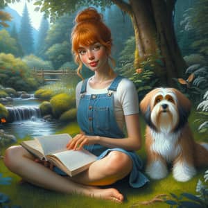 Classic Fairy Tale Inspired Image: Red-Haired Woman in Nature with Tibetan Terrier