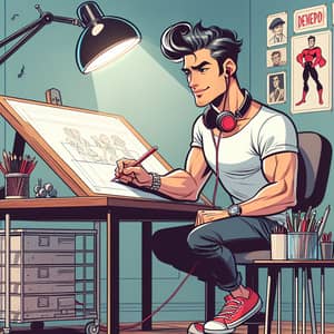 Caucasian Male Illustrator at Drafting Table with Headphones