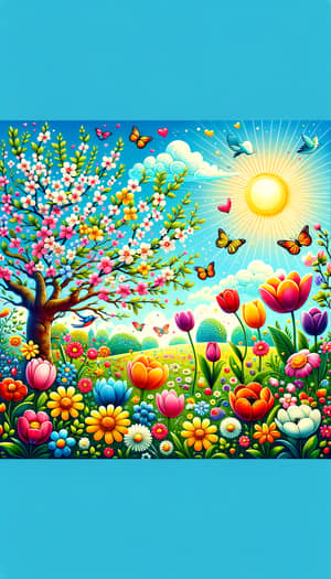 Vibrant Spring Illustration: Blooming Flowers, Green Fields & Sunny Skies