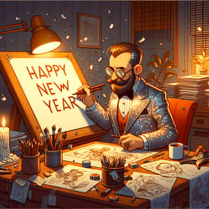 Festive Cartoonist Sketching 'Happy New Year' | Illustration