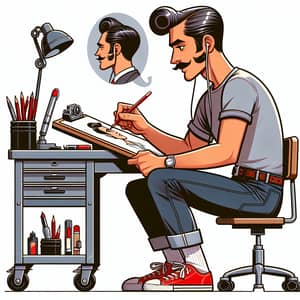 1950s Style Illustrator at Work | Drawing Artist with Music
