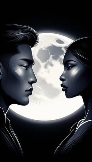 Emotive Nighttime Illustration of Asian Male and Black Female Meeting