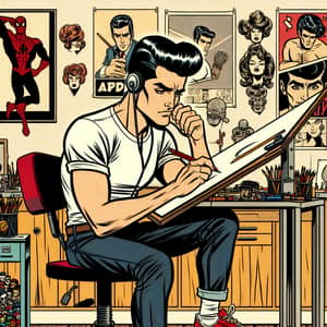 Comic-style Illustrator with Pompadour Hairstyle at Drawing Table