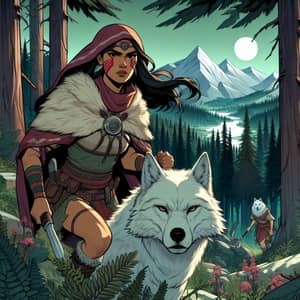 Female Hispanic Warrior with White Wolf in Mountain Forests