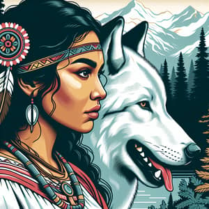 Hispanic Woman Warrior & White Wolf | Art Illustration