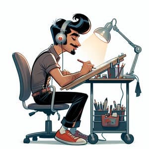 South Asian Male Cartoonist at Drawing Table with 50s Style - Art Illustration