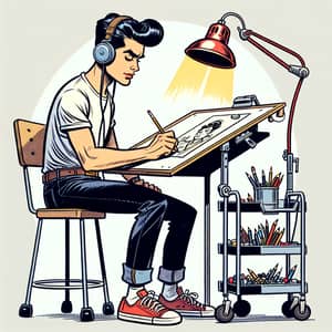 Hispanic Artist Sketching at Drawing Table | Comic Style Illustration