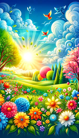 Vibrant Springtime Illustration: Blooming Flowers & Sunny Skies