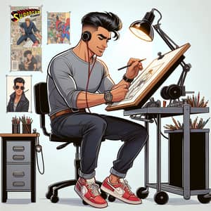 Hispanic Male Illustrator at Work with Drafting Table and Drawing Accessories