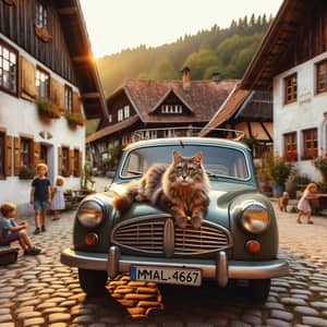 Fluffy Cat on Rustic Car in Charming Village