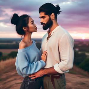 Young Multicultural Couple Embracing Love on Hilltop