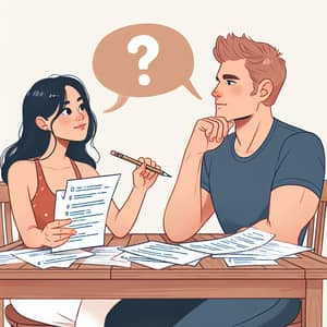 Engaging Asian Wife Quizzes Caucasian Husband at Dining Table