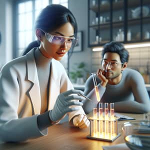 Multicultural Home Experiment: Woman Scientist with Glowing Test Tube