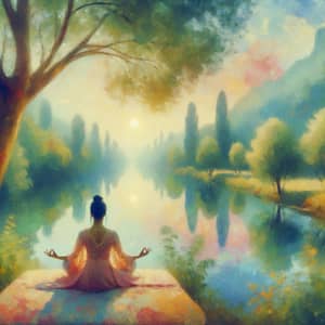 Mindfulness Meditation in Monet-Inspired Serene Nature Scene