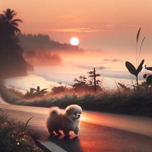 Tranquil Sunrise Scene with Dog Crossing Road