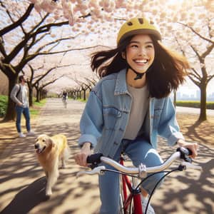 Joyful Asian Woman Riding Red Bicycle in Blossom-filled City Park