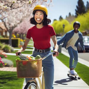 Asian Woman Riding Bicycle | Suburban Street Scene
