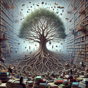 Ancient Tree of Knowledge in Eternal Library - Wisdom & Growth