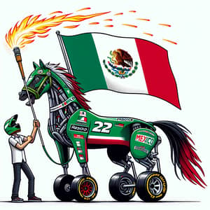 Sporty Formula 1 Horse with Mexico Flag and Blazing Torch