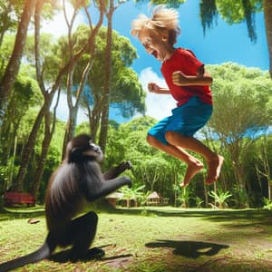 Young Boy Jumping with Playful Black Monkey in Lush Green Park