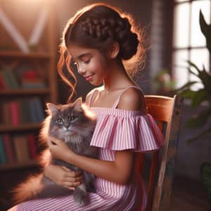 Young Hispanic Girl with Grey Cat | Heartwarming Scene