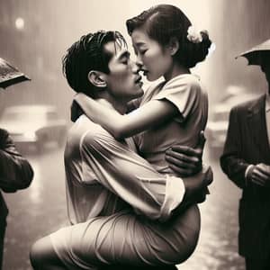 Vintage Embrace: Asian Woman & Caucasian Man in Romantic Downpour