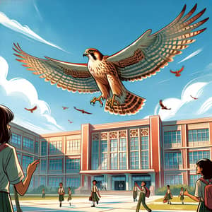 Majestic Falcon Soaring High Over Traditional High School