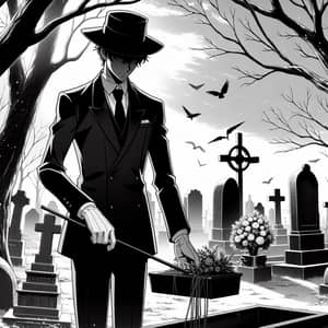Solemn Undertaker in Anime Style | Black and White Artwork
