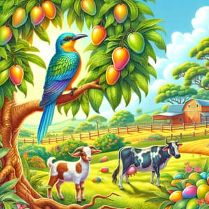 Tropical Bird and Farm Animals Illustration | Vibrant and Colorful Artwork