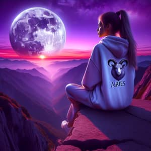 Young Caucasian Girl on Aries Sweatshirt gazing at Purple Sky with Full Moon