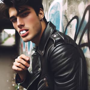 Rebellious Young Man in Leather Jacket with Sneakers
