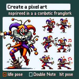 Pixel Art Whimsical Jester Character in Thrilling Combat