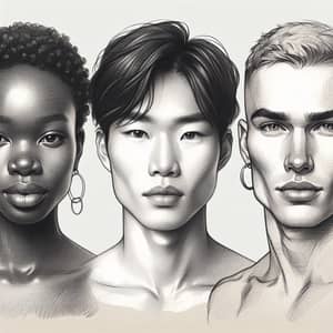 Pencil Drawing of Diverse Characters: Female, Male, Transgender