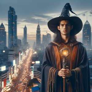 South Asian Male Wizard in Mystical Attire and Modern Cityscape