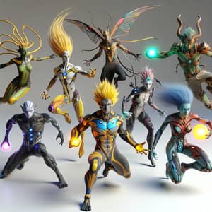 Colorful 3D Fantasy Scene with Unique Humanoid Characters