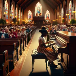 Young Black Girl Playing Upright Piano in Historic Southern Church