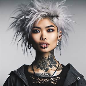 Captivating Cyberpunk South Asian Woman with Untamed White Punk Hairstyle
