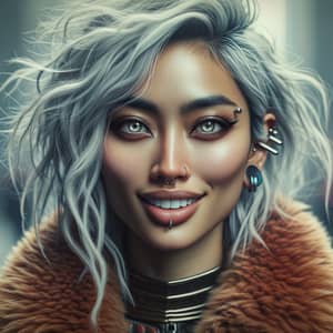 Photorealistic Portrait of Confident South Asian Woman with White Hair and Piercings