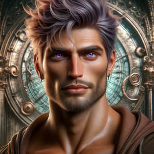 Handsome Male Character with Violet Hair in Fantasy Setting