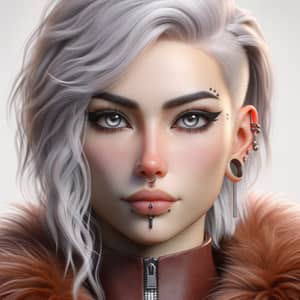 Cyberpunk Female Character with White Hair and Piercing Gray Eyes