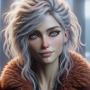 Cyberpunk Female Character with White Hair and Piercing Gray Eyes