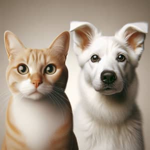 Realistic Image of Cat and White Dog Making Eye Contact