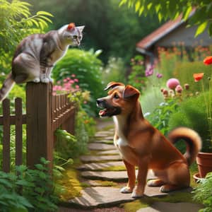 Dog and Cat Interaction in Garden: Playful Scene
