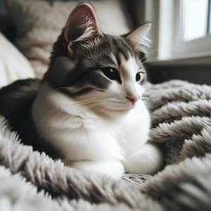 Relaxing White and Gray Domestic Cat on Soft Plush Blanket