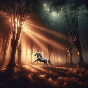 Sunset-Lit Mystical Forest with Majestic Unicorn