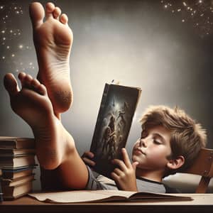 Barefoot Middle Schooler Lost in Fantasy | Reading Boy Image