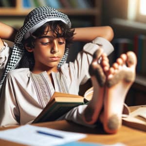 Middle Schooler Reading Book with Dirty Bare Soles | Kids Study Scene
